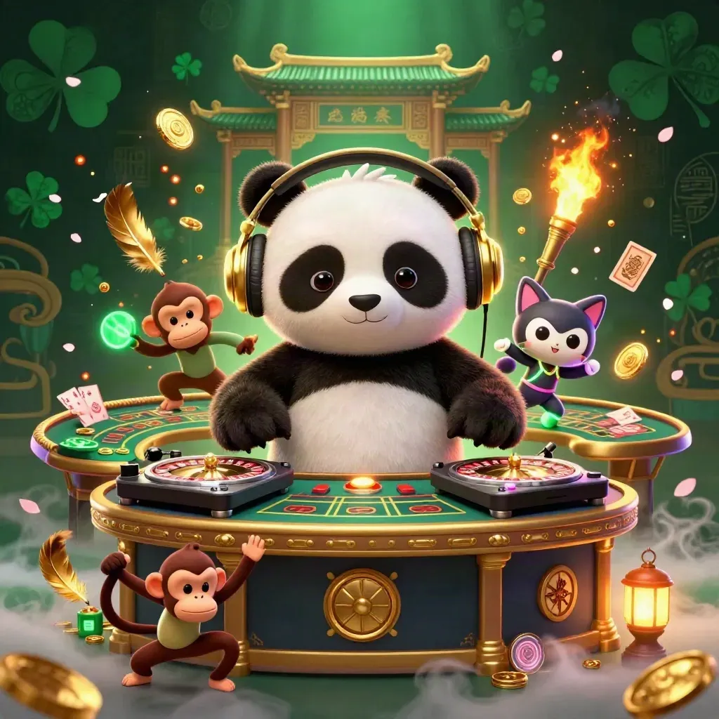 DJ panda, dancing monkey, and glow-stick kitten in a neon casino scene with gold light and roulette