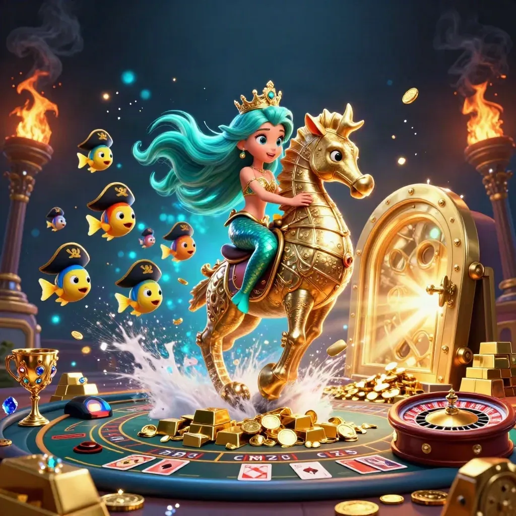 Mermaid princess on golden seahorse amid vault gold, jewels, particles, and casino glow