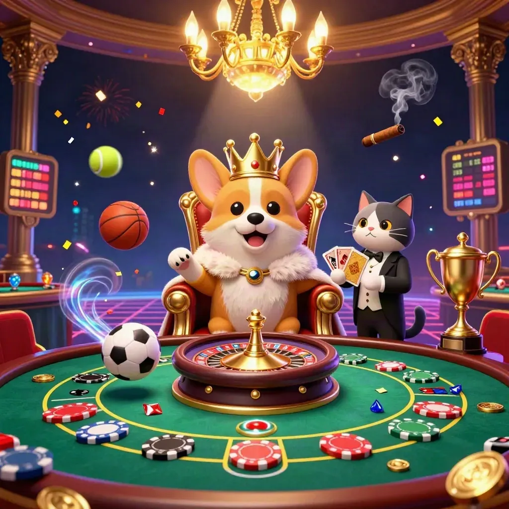 Crowned corgi and cat butler in a neon casino room with floating sports balls and golden light.