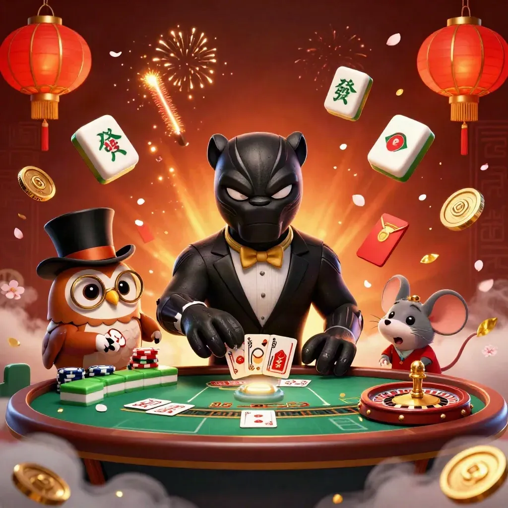 Panther, owl, and mouse in a lavish neon casino room with lanterns, jade glow, and flying game elements.