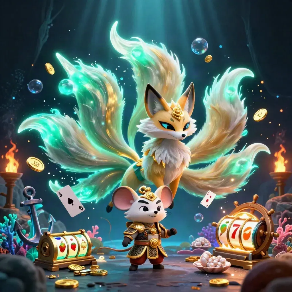 Nine-tailed jade fox spirit with a samurai mouse amid treasure, coral, coins, and glowing casino magic