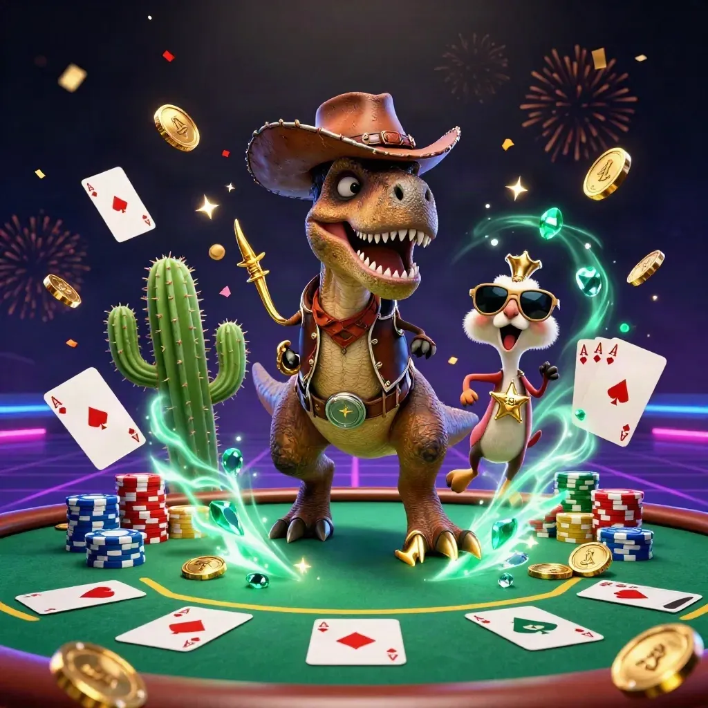 Cowboy T-Rex, cactus sidekick, and sheriff roadrunner burst from a neon casino poker table.