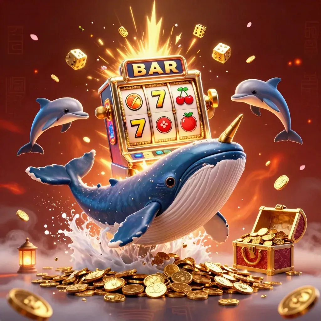 Cartoon whale captain, narwhal and dolphins amid coins, gems and casino glow