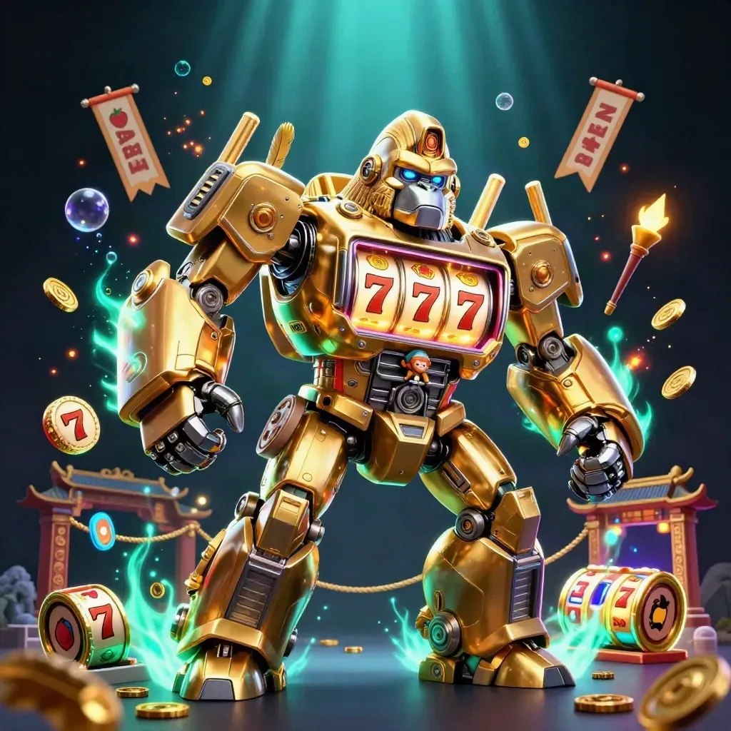 Golden gorilla mech with tiny monkey pilot amid jade glow, coins, reels, and temple ruins