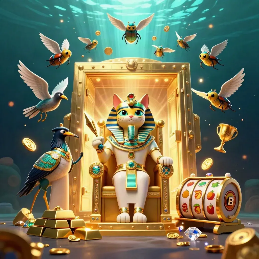 Cartoon pharaoh cat, ibis scribe, and scarabs amid bursting gold in a glowing vault.