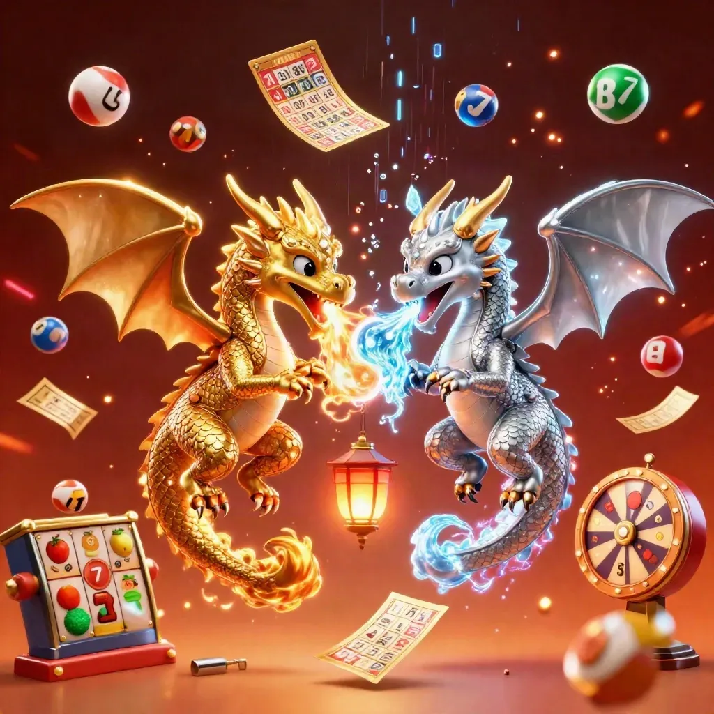 Gold and silver dragons swirl in a jade casino burst with lottery balls, prize wheel, and ember glow.