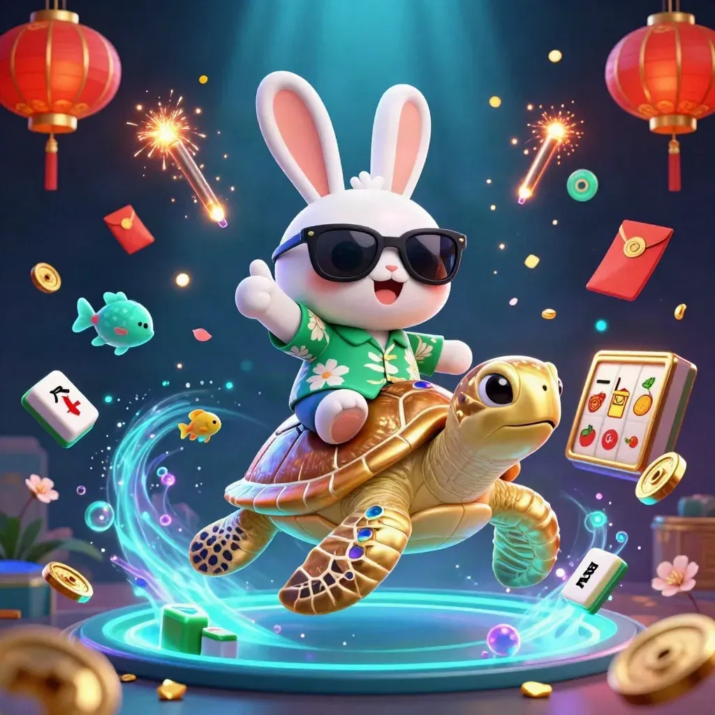 Lucky rabbit rides a golden sea turtle amid coins, lanterns, fireworks, and neon casino glow.