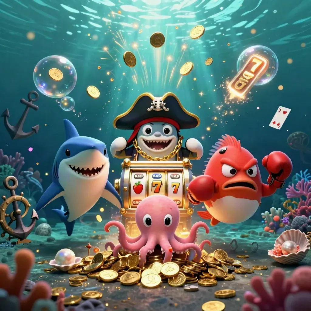 Pirate shark, boxing pufferfish, and juggling octopus amid coins, coral, and neon underwater glow.