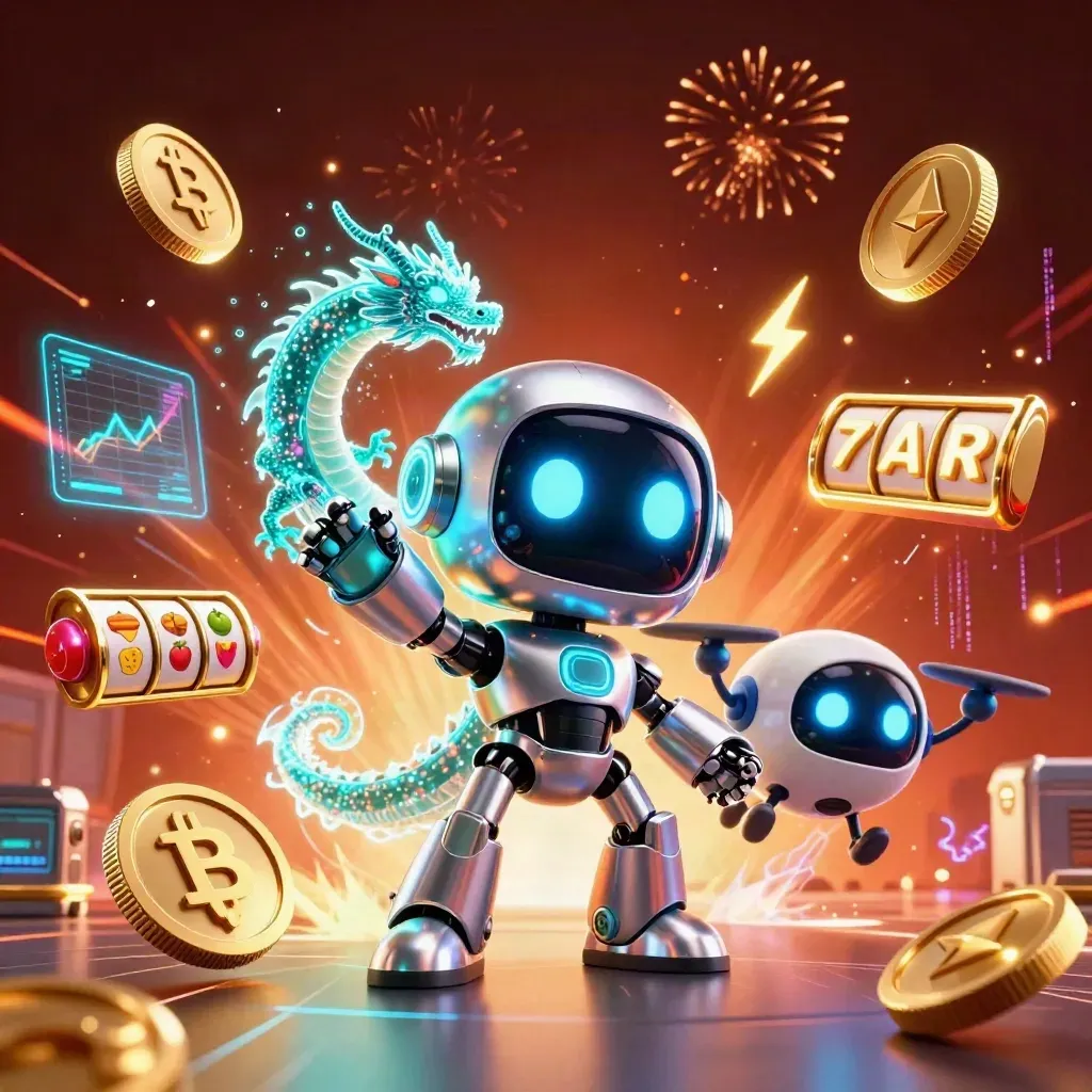 Cyberpunk robot, holographic dragon, and coin drone amid bursting gold, neon reels, and fireworks.