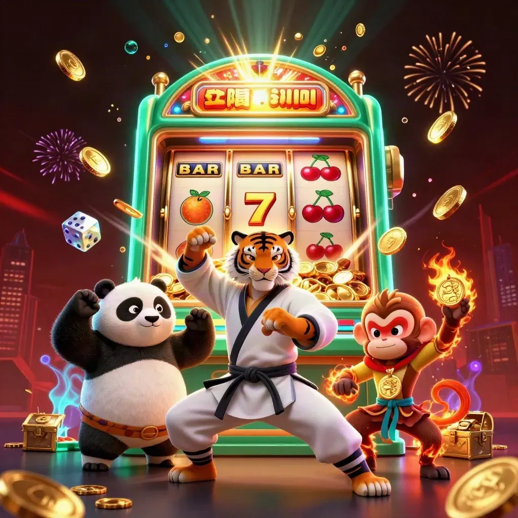 Kung-fu tiger, panda, and monkey amid bursting slot reels, gold coins, and neon casino fireworks.