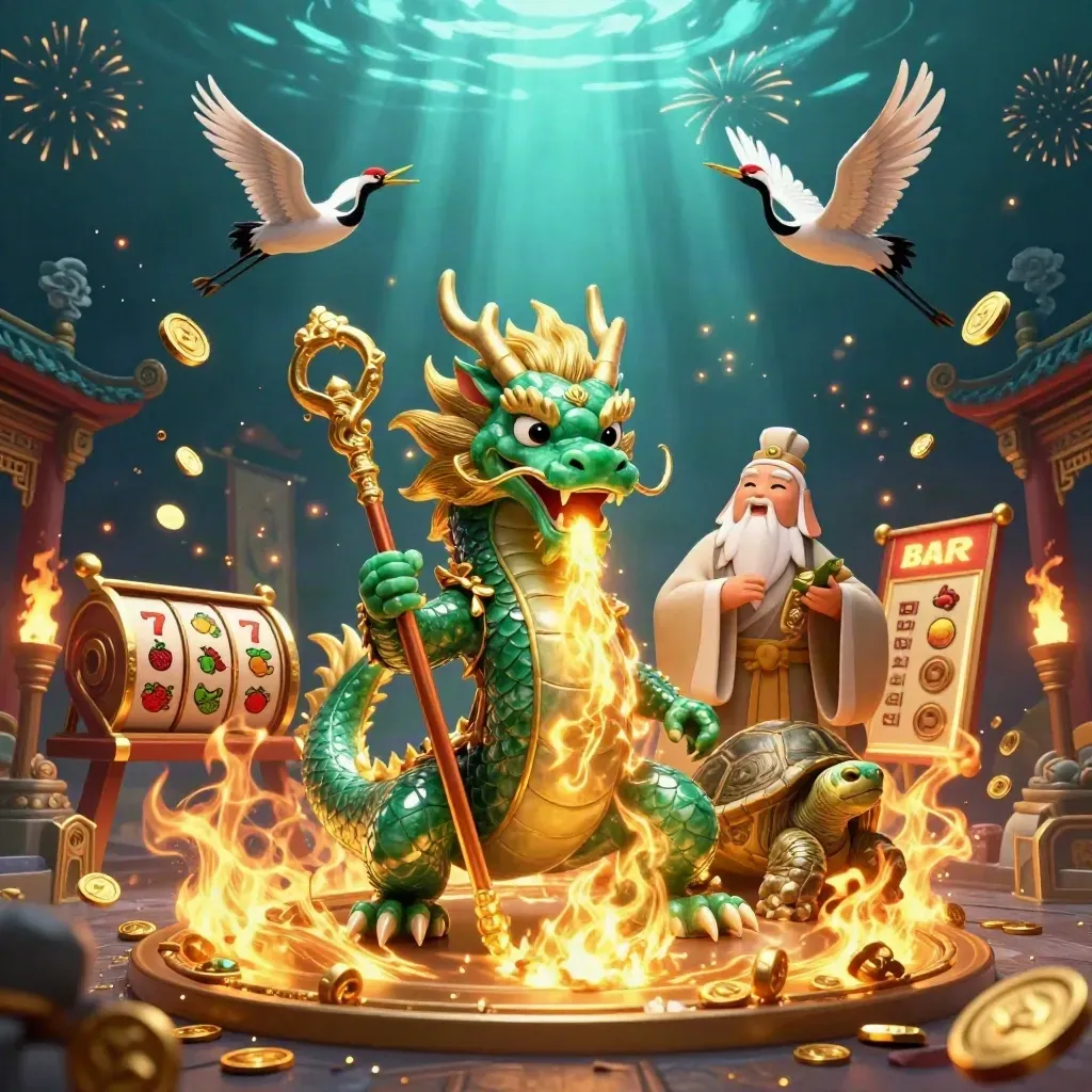 Jade dragon, turtle sage and red-ribbon cranes amid gold coins, temple gate, slot reels and neon casino glow.