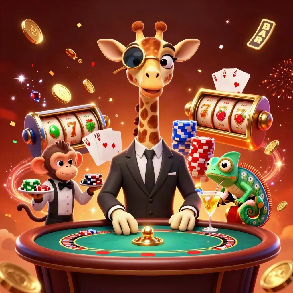 High-roller giraffe, monkey valet, and chameleon bartender amid casino chips, cards, coins, and neon glow.