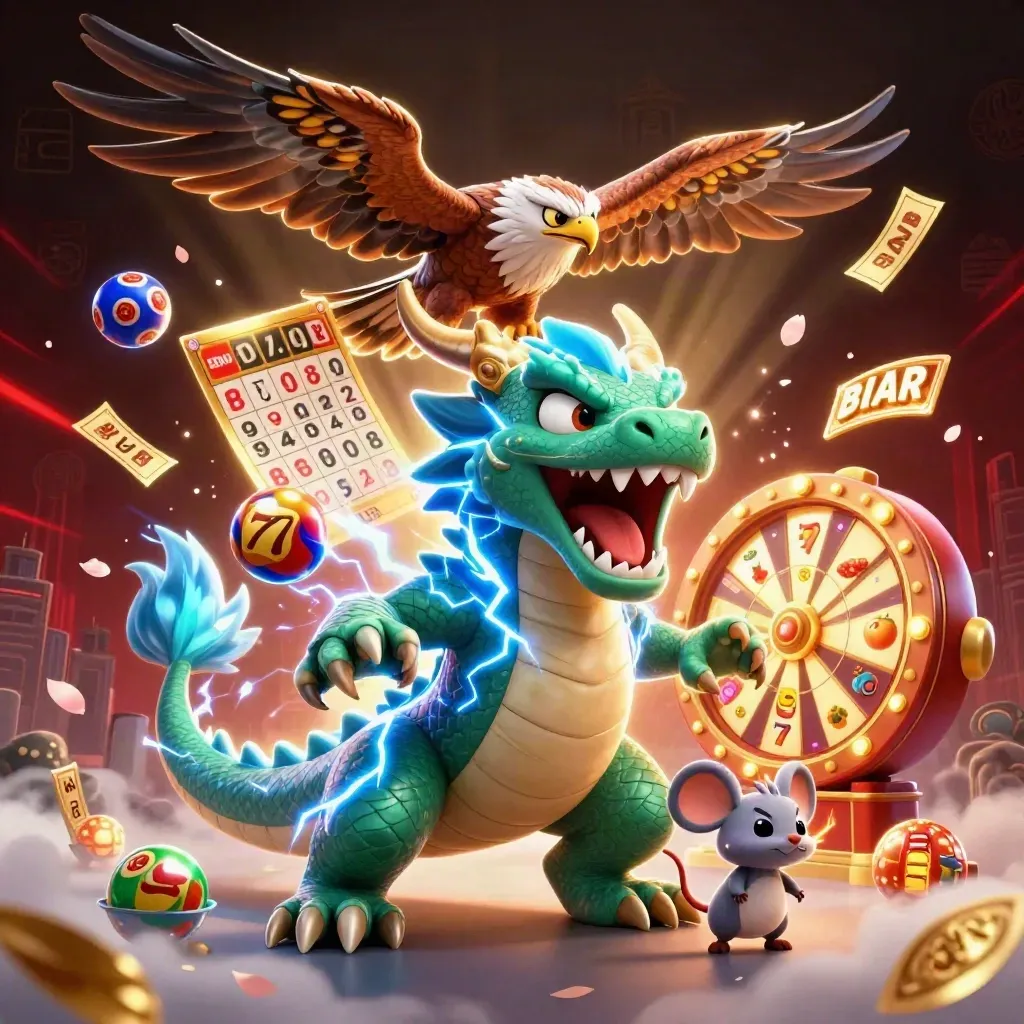 Thunder dragon with hawk and mouse amid slot reels, jackpots, and neon casino glow.