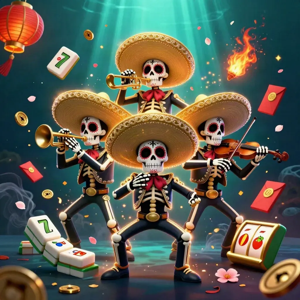 Skeleton mariachi trio in a neon casino explosion with jade coins, lanterns, and fiery sparks