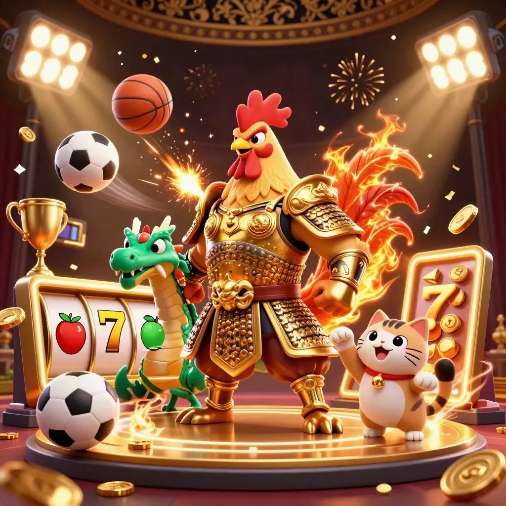 Rooster samurai, dragon hatchling, and lucky cat amid casino sparks and gold coins.