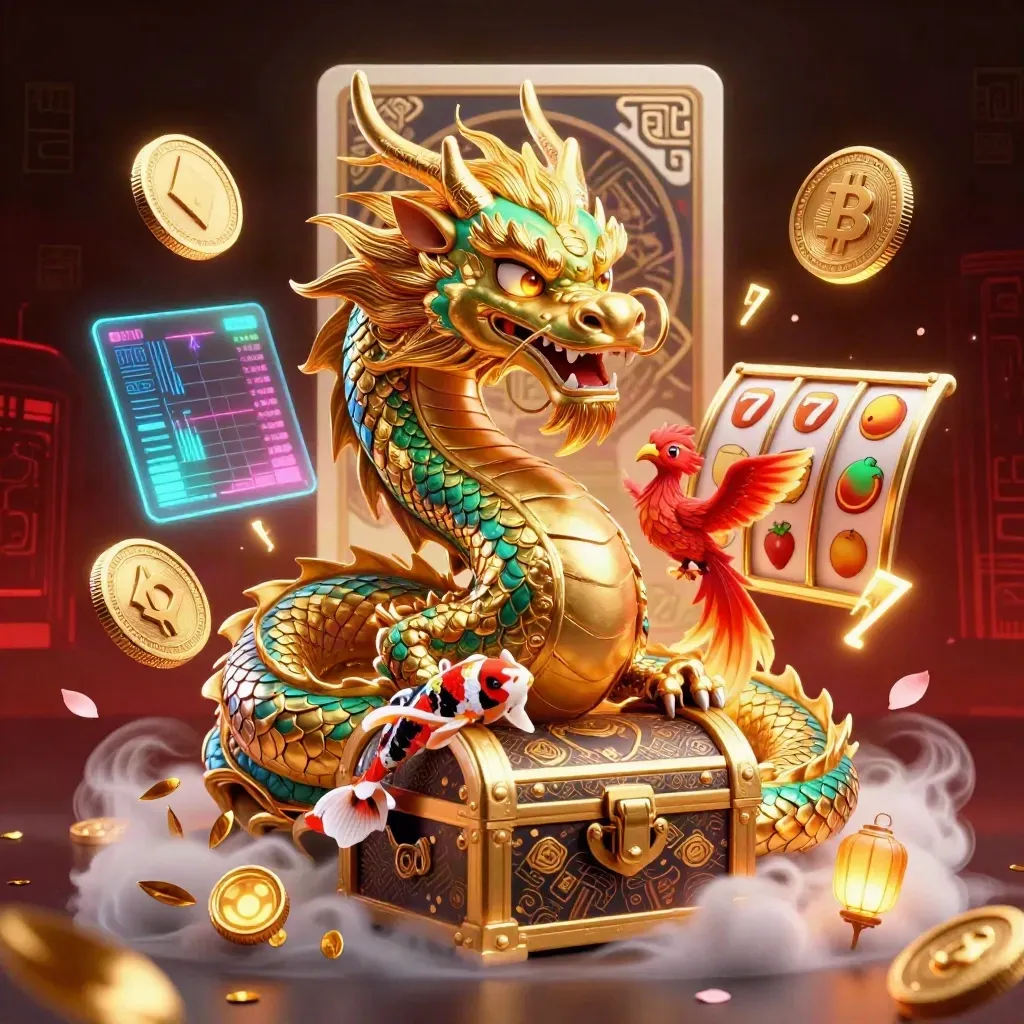 Golden dragon with phoenix, koi, coins and slot symbols over a red-black neon casino skyline.