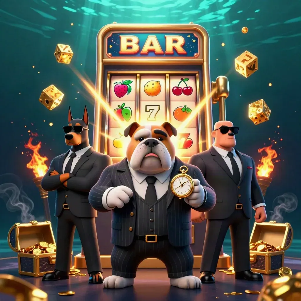 Mafia bulldog and Doberman guards burst from a glowing slot machine in neon gold-green casino light.