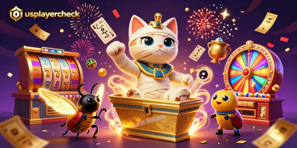 usplayercheck reveals thrilling online slot action with a mummy cat, golden sarcophagus, and vibrant game elements.