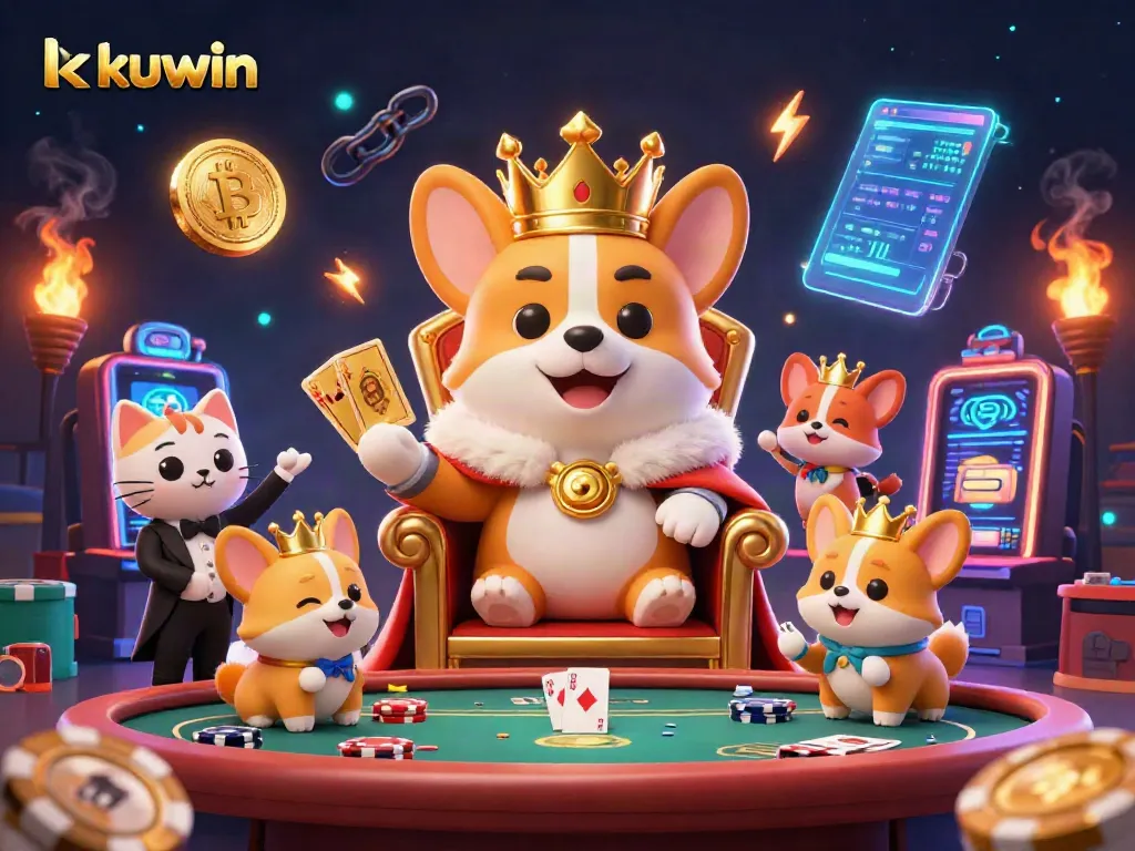 Experience thrilling poker action with kuwin, featuring a royal corgi and casino elements.