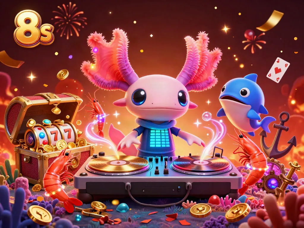 Experience the thrill of 8s casino games with vibrant underwater DJ party featuring lively characters and dynamic elements.
