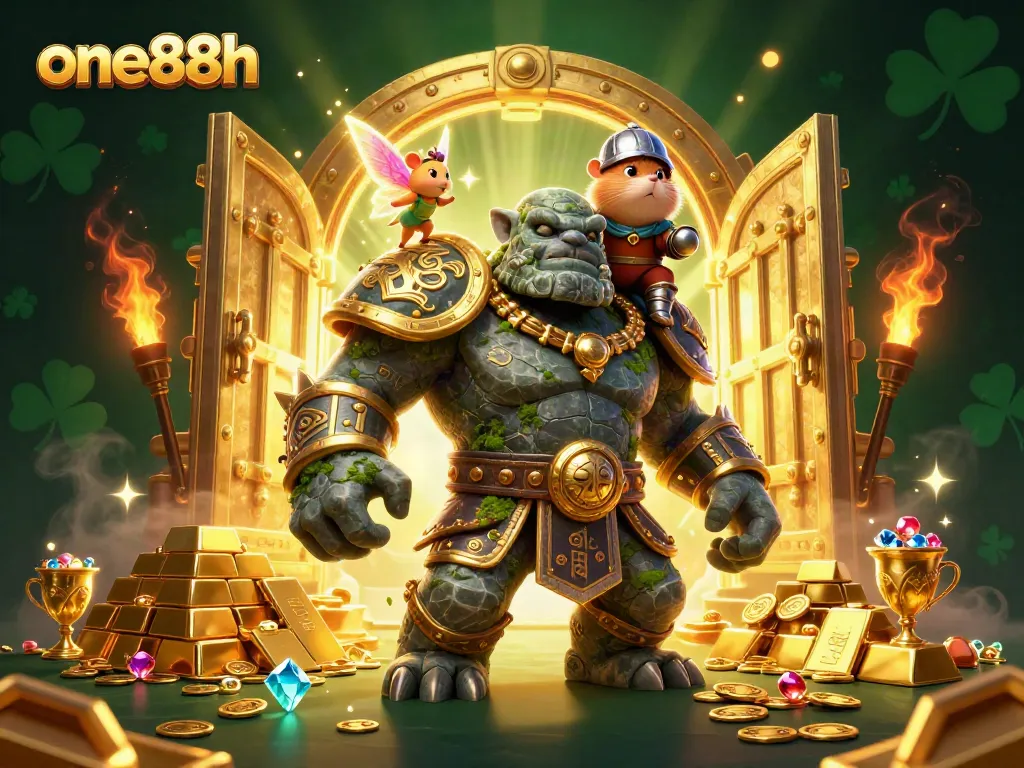 Engage in thrilling gameplay at one88h, featuring an epic golem guardian and treasure scene.