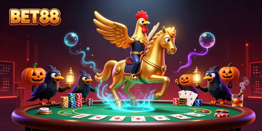 Experience the thrilling world of BET88 in this vibrant casino scene with a mystical rooster, rays of light, and poker elements.