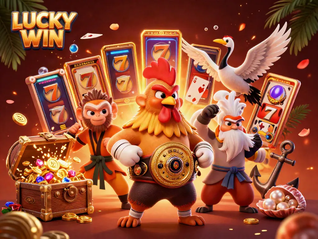 Experience thrilling action with LUCKY WIN, featuring dynamic characters and vibrant casino elements.