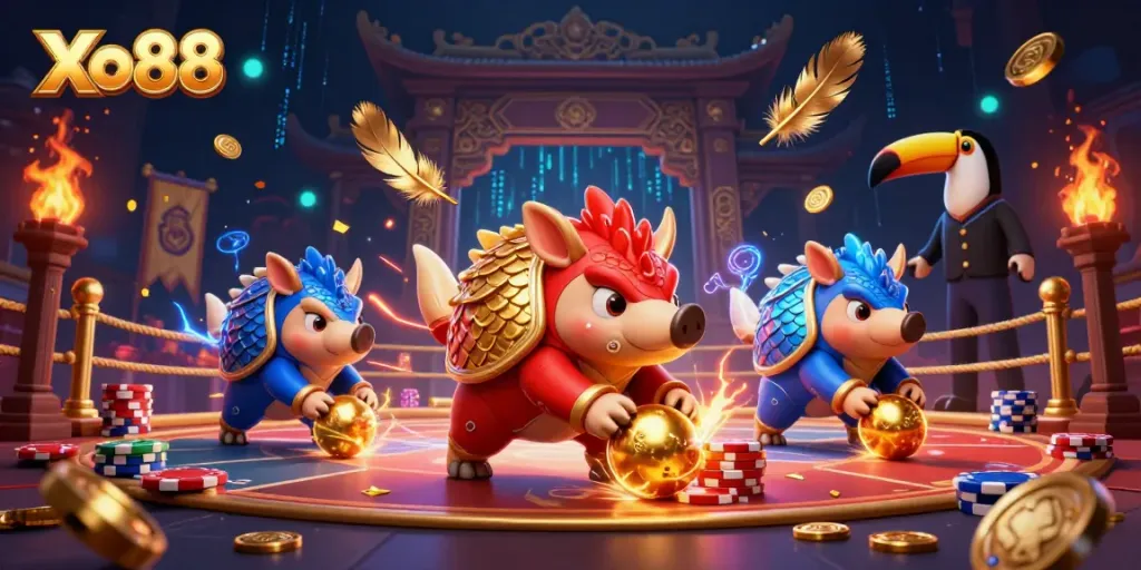 Xo88 pangolins compete in a dynamic casino environment, engaging in vibrant and exciting gaming activities.