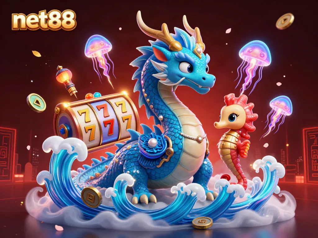Place bets and win at net88 with an exciting 3D illustration of a dragon, knight, and slot machines.