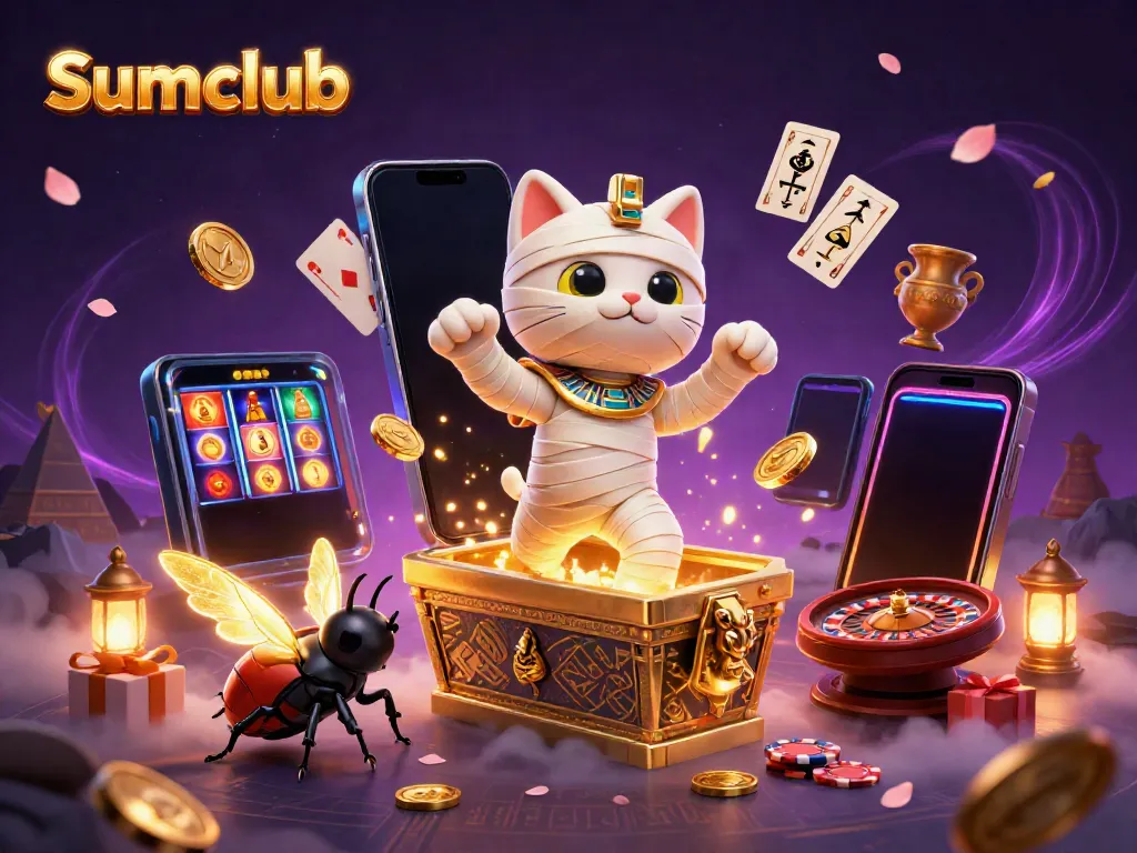 Experience thrilling gameplay at Sumclub with an Egyptian mummy cat in a vibrant casino scene.