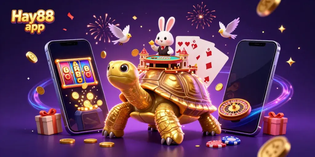 Experience the thrill of the Hay88 app with a vibrant 3D casino scene featuring a golden tortoise and a rabbit dealer.