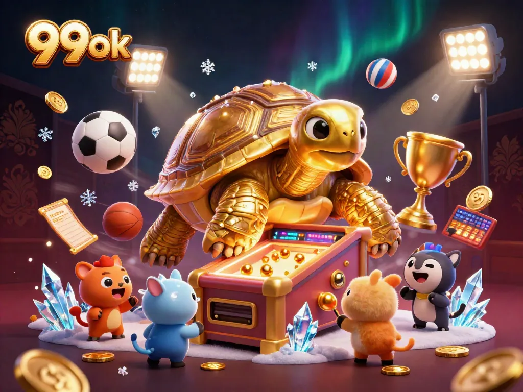 Experience thrilling gaming at 99ok with exciting casino action featuring golden tortoise and animated sports elements.