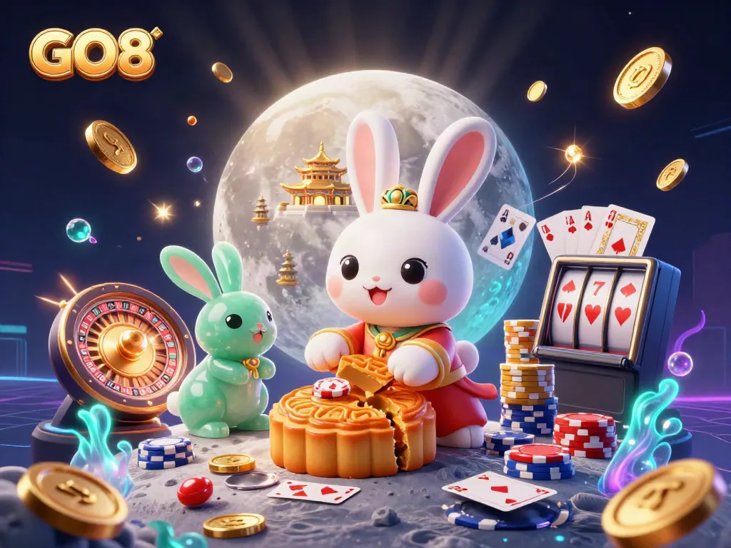 Experience the magic of GO8 as moon rabbits unveil poker chips amidst vibrant casino elements.