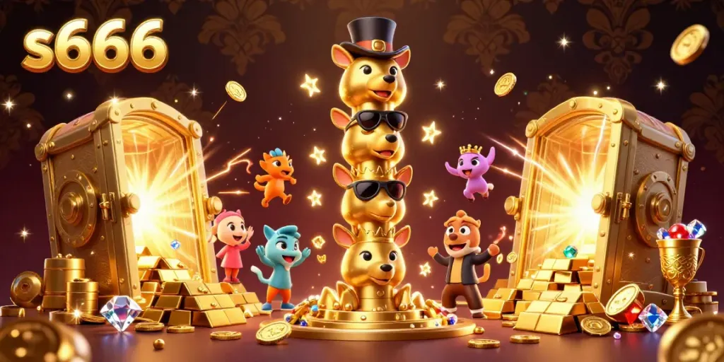 Engage with s666's vibrant casino realm featuring a golden totem pole, treasure vaults, and sparkling gems.