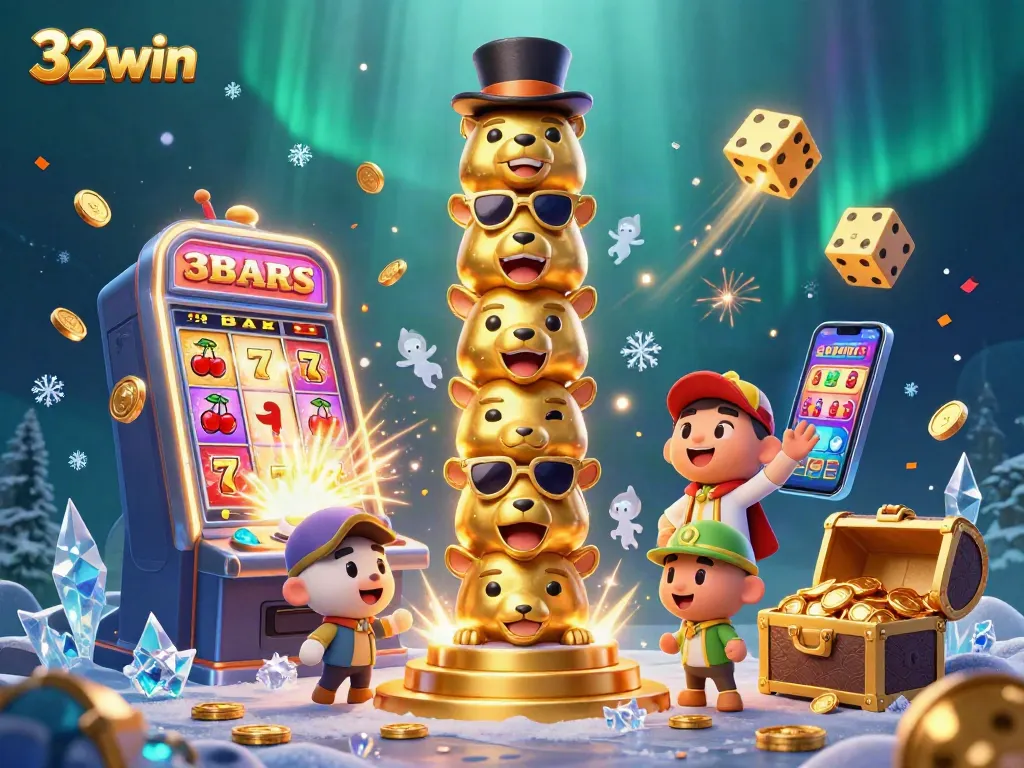 Experience the thrill of 32win with a vibrant slot machine jackpot and animated totem scene.