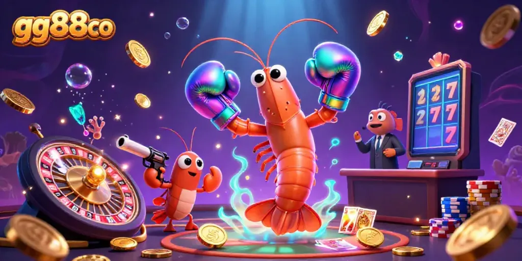 Engaging 3D casino illustration featuring gg88co logo with vibrant characters in action amidst golden coins and roulette wheels.