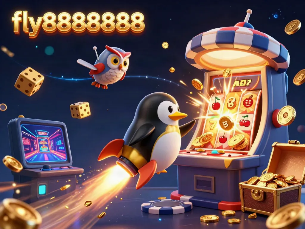 Engage in thrilling online gaming at fly88888888, featuring vibrant slot machines and a golden penguin adventure.