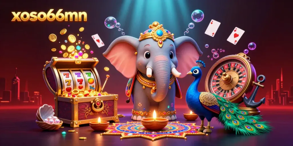 Experience thrilling wins at xoso66mn with a vibrant 3D casino scene featuring an elephant, peacock, and exciting game elements.