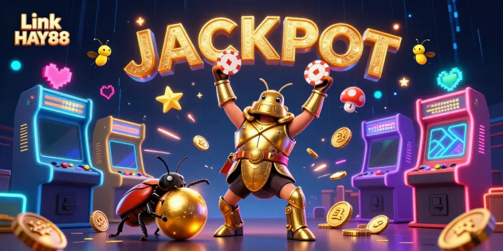 Experience the thrilling excitement of Link HAY88 with vibrant characters and casino elements in a colorful illustration.
