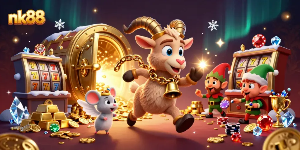 Engage with nk88 in an exciting casino scene filled with slot machines and festive characters.