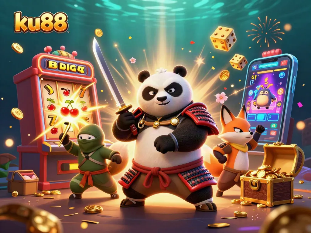 ku88 samurai panda and ninja fox celebrating a jackpot win amidst vibrant casino elements