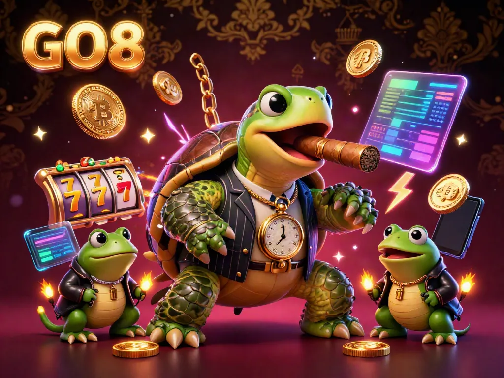 Experience the thrilling GO8 casino action with vibrant slot elements and a charming turtle in a mobster suit.