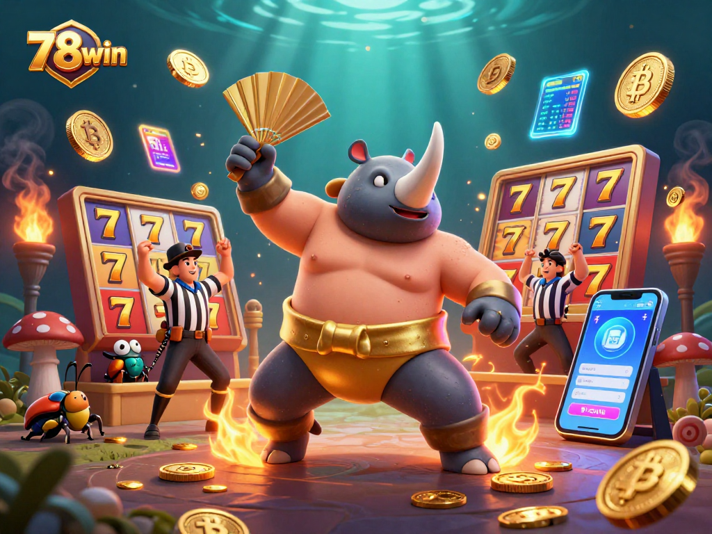 Experience thrilling gameplay at 78win with the sumo champion beetle surrounded by scattered slot elements.