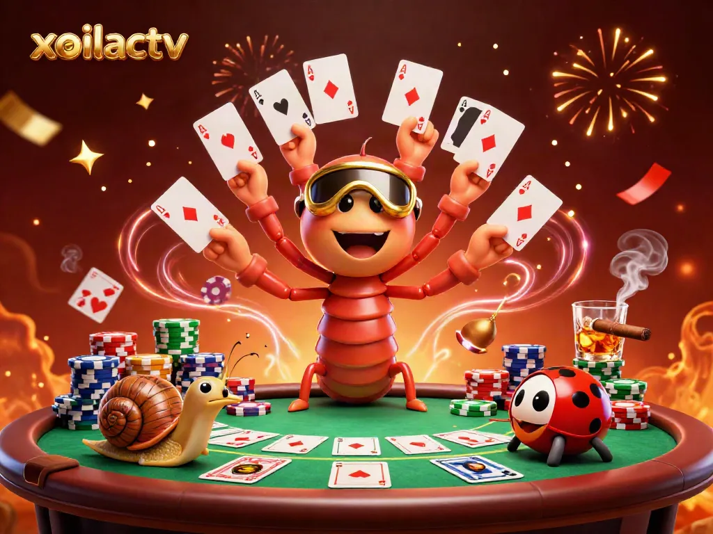 Experience the thrill of gaming at xoilactv with a vibrant scene of a quirky dealer and high-roller, showcasing excitement.