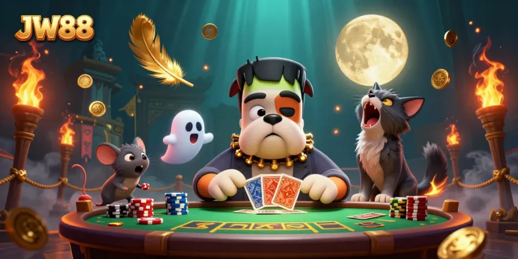 JW88 animated characters deal cards at a vibrant casino table, showcasing exciting gaming elements.