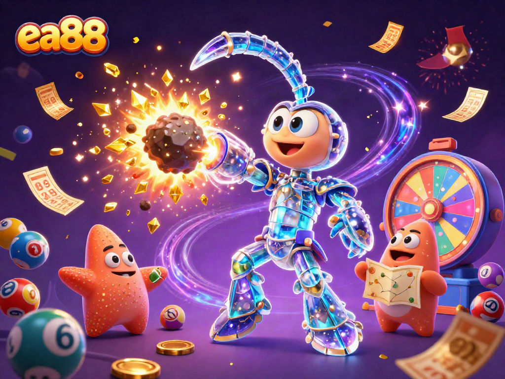 ea88's galactic samurai mantis shrimp smashing asteroids as lottery elements scatter across a vibrant casino universe.