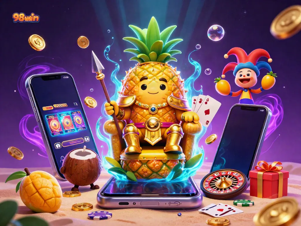 Experience the excitement of 98win with a cartoon pineapple king and colorful gaming elements.