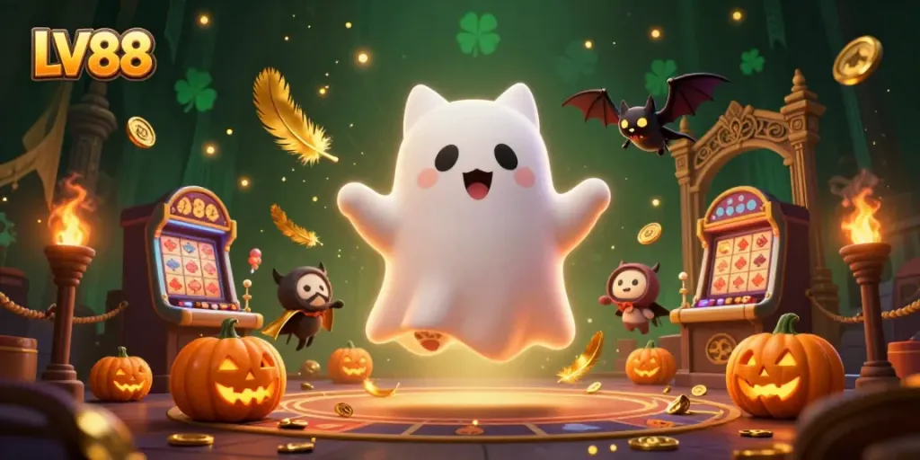 Experience spooky fun at LV88 with ghostly characters and casino elements in a vibrant 3D setting.