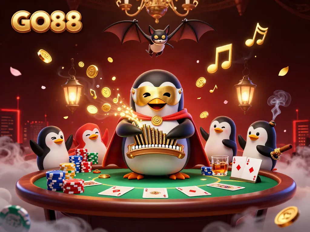 Experience thrilling action at GO88 with a lively scene featuring a cartoon penguin and poker elements.