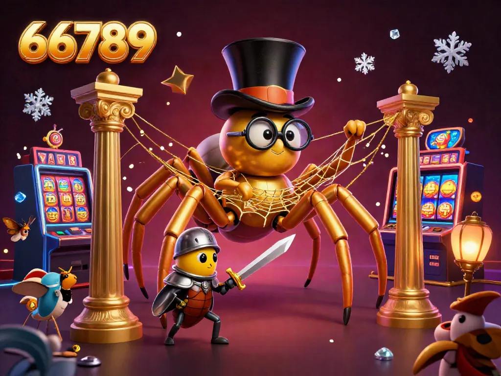 Experience the online casino excitement with 66789 featuring a golden tarantula and a beetle knight in a vibrant gaming atmosphere.